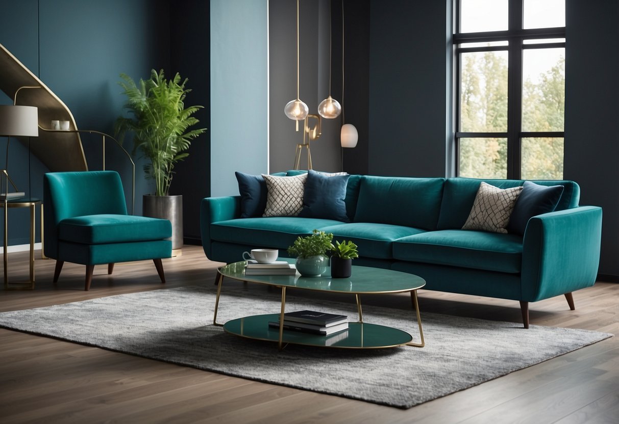 Green and blue furniture arranged in a clean, modern setting