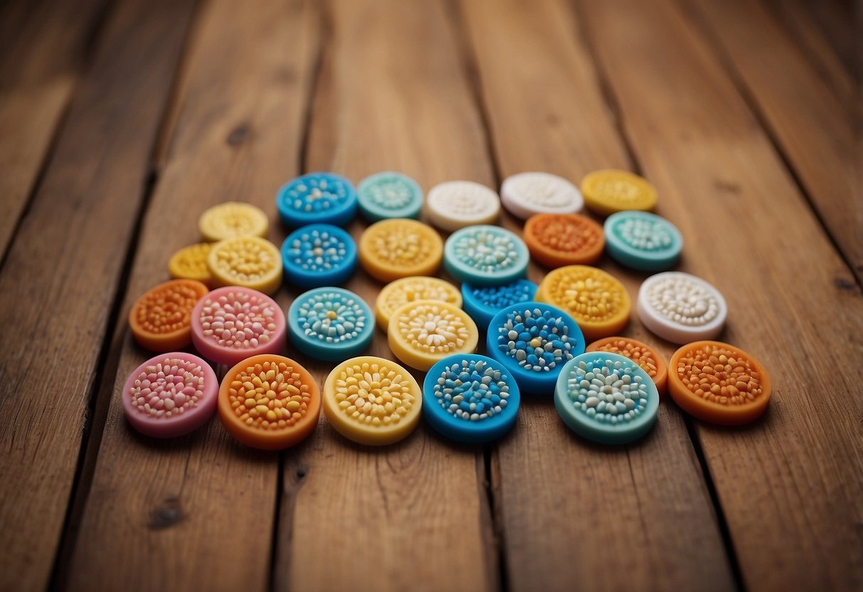 A set of furniture feet pads arranged neatly on a wooden floor, with various sizes and shapes displayed for different uses