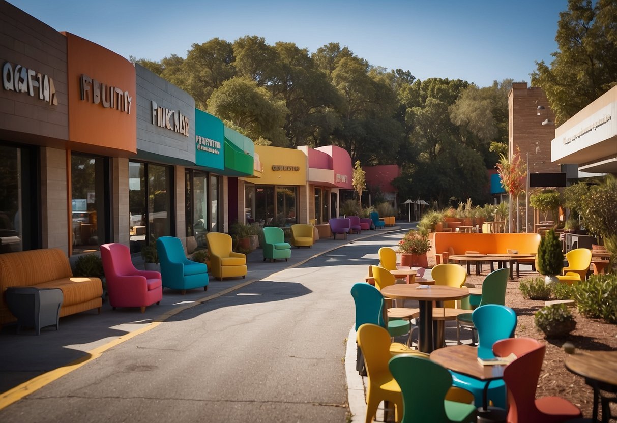 A winding road leads to a row of colorful furniture. A sign reads "Frequently Asked Questions" above the display