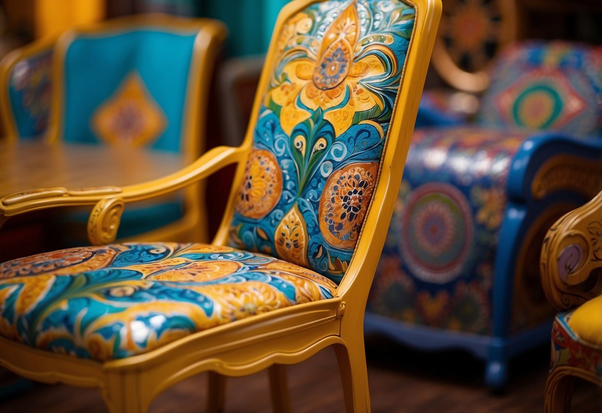 Colorful furniture, hand-painted with intricate designs, fills the room. Vibrant patterns adorn tables, chairs, and cabinets, creating a whimsical and unique atmosphere