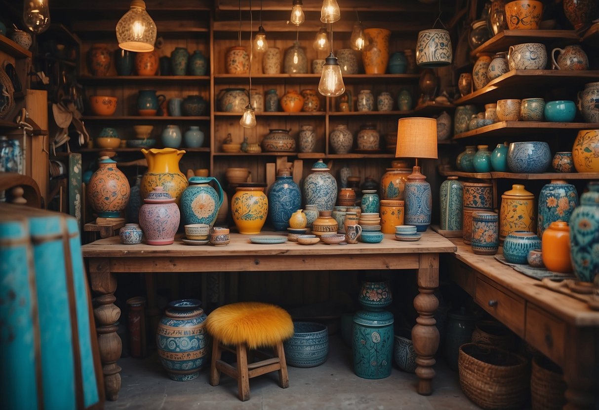 A cozy workshop filled with colorful hand-painted furniture, each piece showcasing intricate designs and patterns