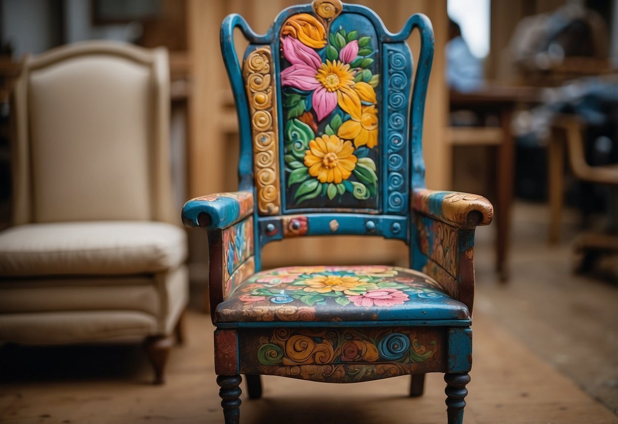 A worn-out chair being transformed with colorful hand-painted designs, upcycling it into a unique piece of furniture