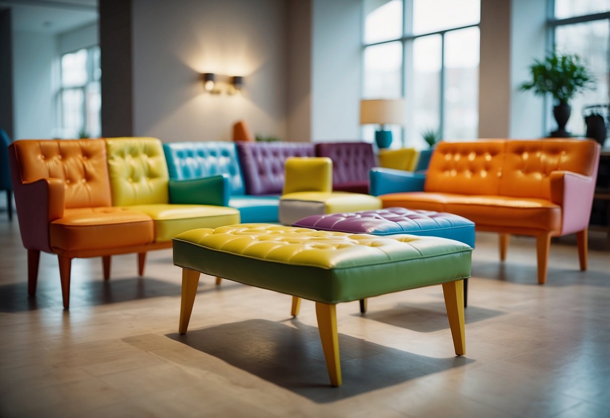 Colorful furniture pieces with "Frequently Asked Questions" hand painted on them, displayed in a well-lit showroom