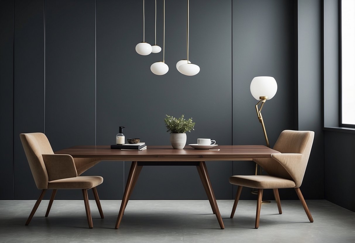A room with a table, chair, and lamp. Clean lines, modern design. Minimalist, with no clutter