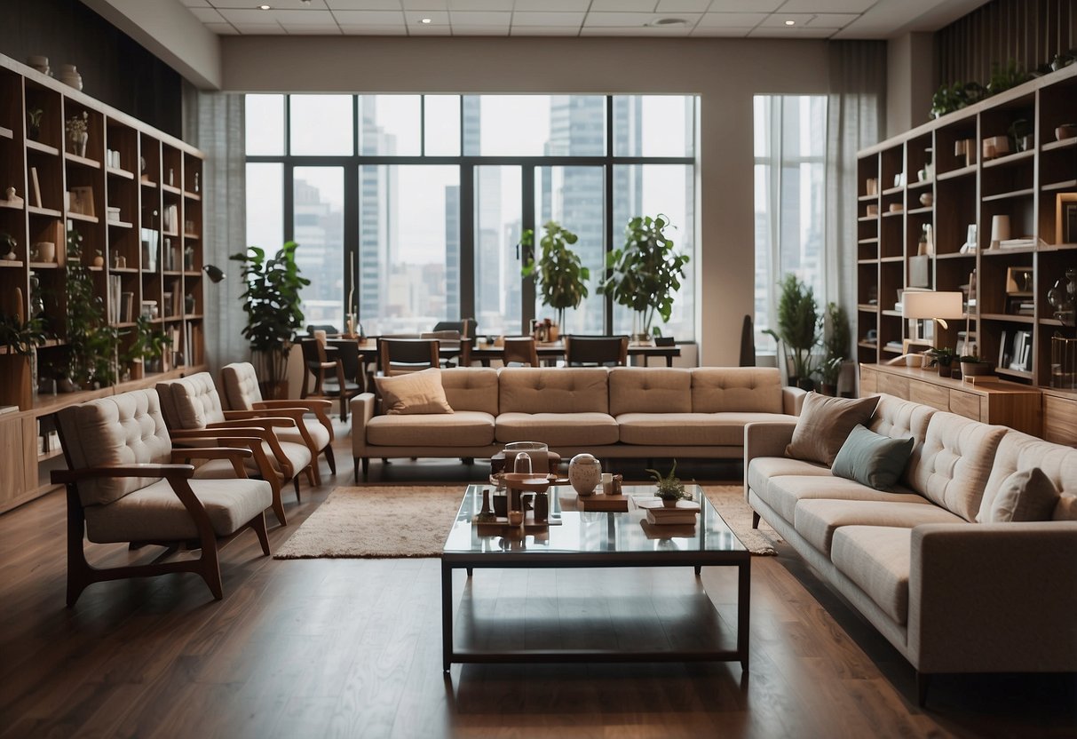 A room with various furniture icons arranged neatly, including chairs, tables, sofas, and shelves. Each icon is clear and easily recognizable