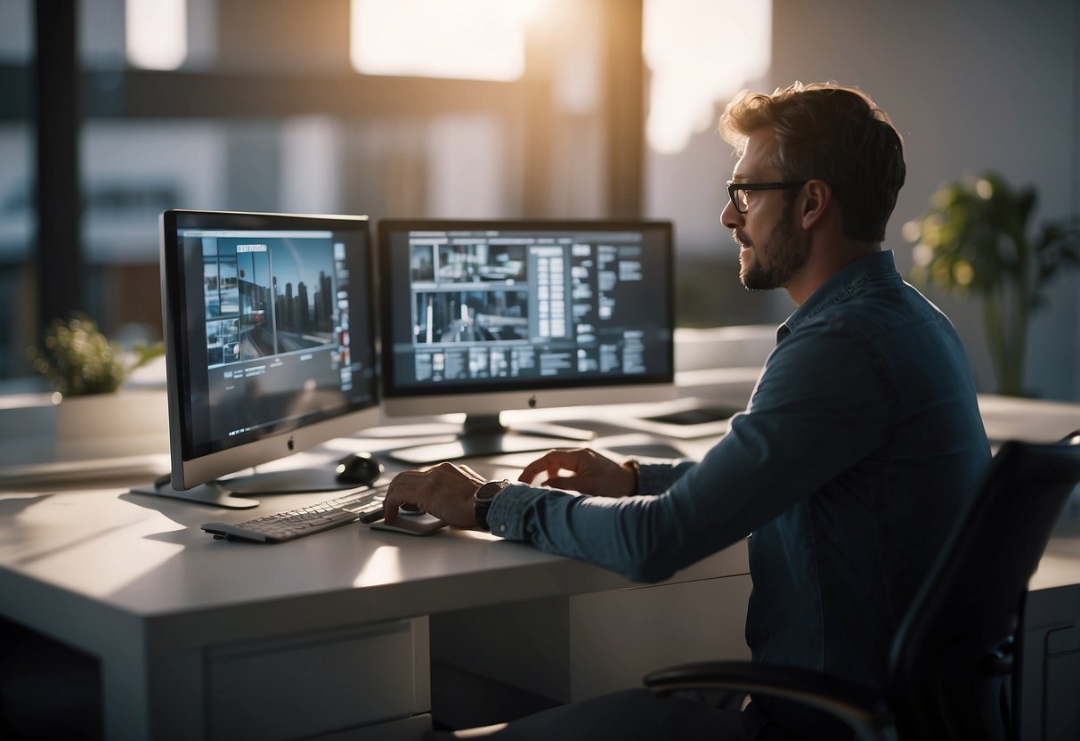 A person searches for furniture icons on a computer, selects one, and uses it in a design project