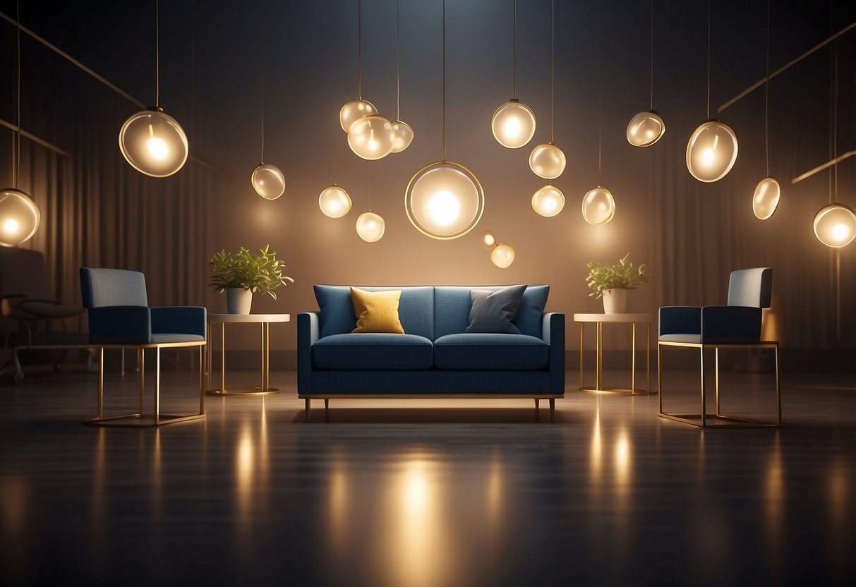 A furniture icon surrounded by question marks, with a spotlight shining on it