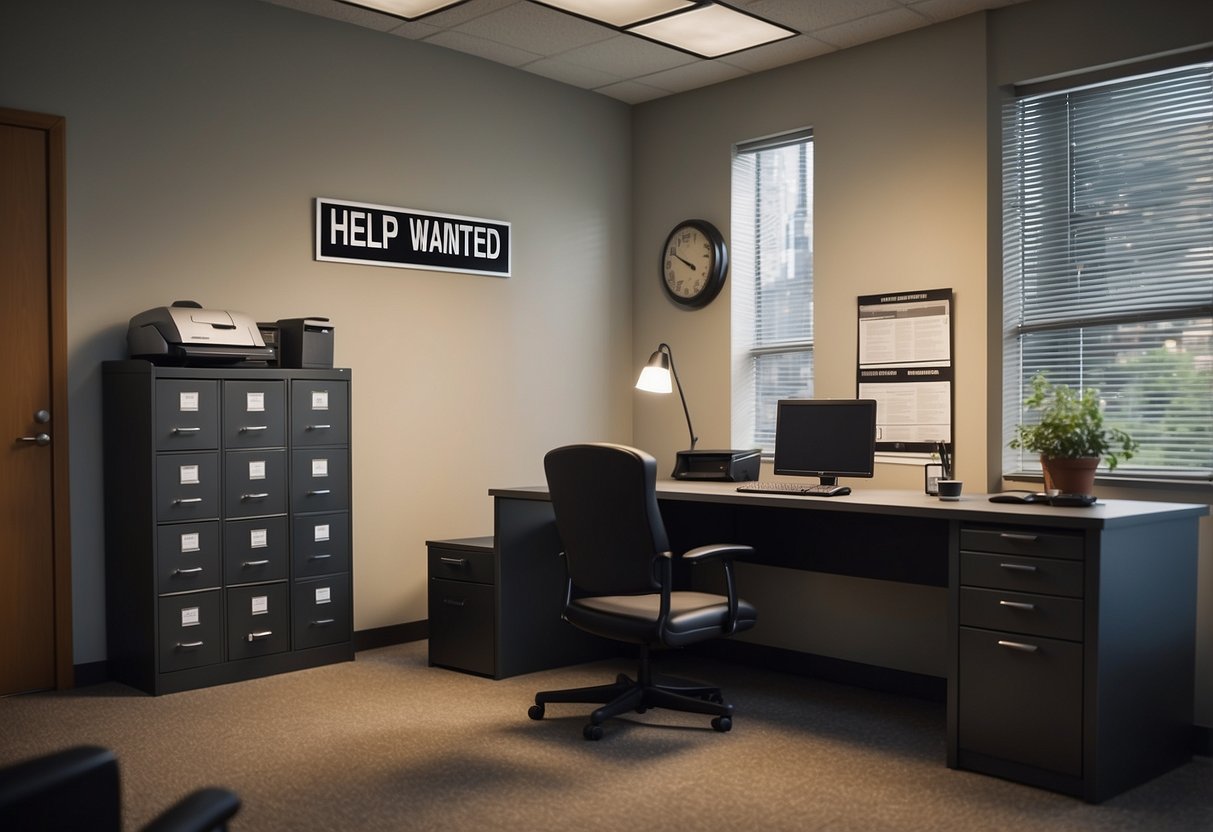 A room with a desk, chair, and filing cabinet. A "Help Wanted" sign hangs on the wall. The space is tidy and professional