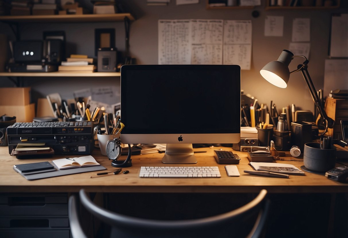 A cluttered workshop with various tools and materials, a desk with design sketches, and a computer displaying job postings