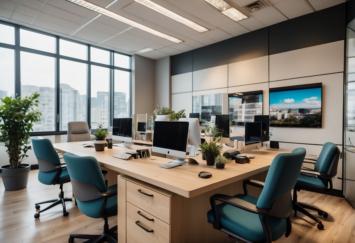 A bright, modern office with sleek furniture and ample workspace. A bulletin board displays job perks and professional growth opportunities