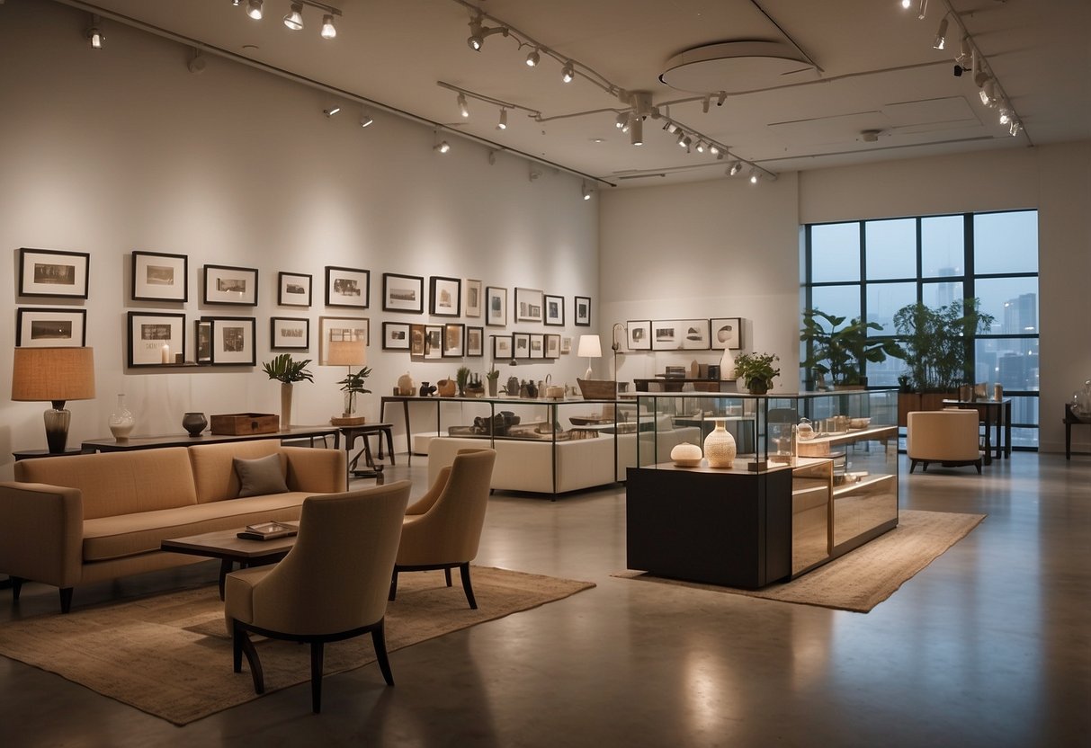 A well-lit room with various furniture pieces arranged in a gallery-style display. Shelves, tables, and chairs showcase the collection in an inviting, organized space