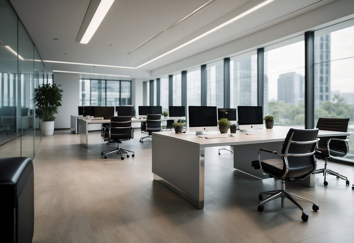 Sleek, minimalist desks and chairs fill the spacious office. Chrome accents and clean lines create a sophisticated, high-end atmosphere