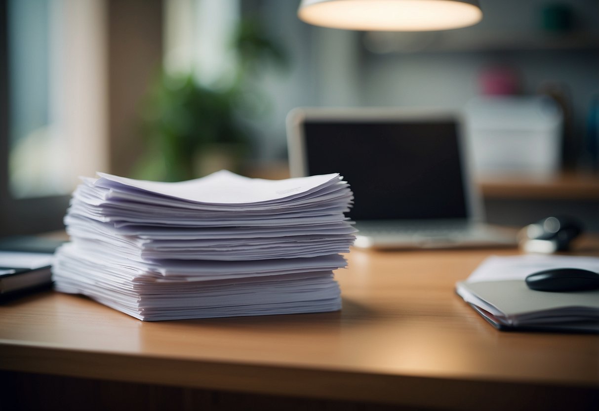 A stack of "Frequently Asked Questions" papers on a desk next to a "Furniture Job Vacancy" sign