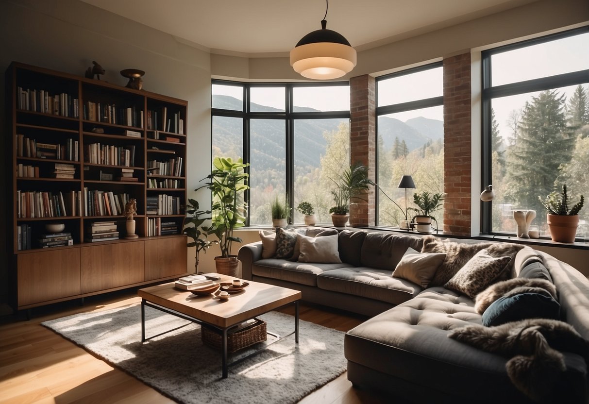 A cozy living room with a modern sofa, a coffee table, and a bookshelf filled with books and decorative items. The room is well-lit with natural light streaming in through the windows