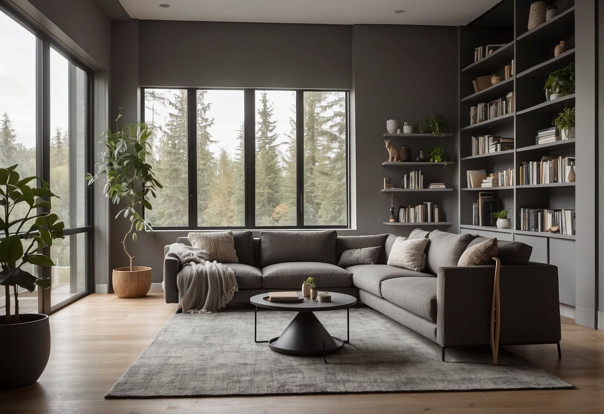 A modern living room with a sleek sofa, coffee table, and floor lamp. A bookshelf lines the wall, and a large window lets in natural light