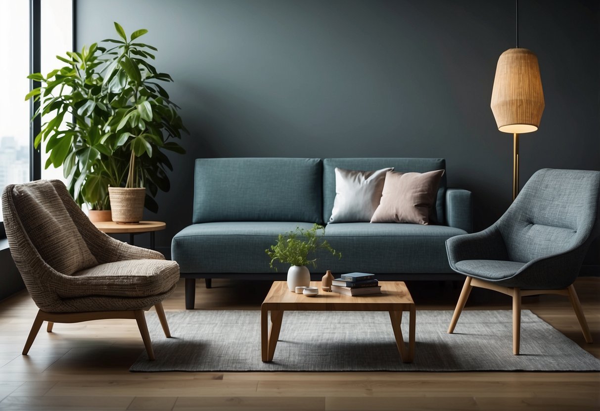 A room with various furniture styles and materials. A modern sofa, a rustic wooden table, and a sleek metal chair. Different textures and colors add visual interest