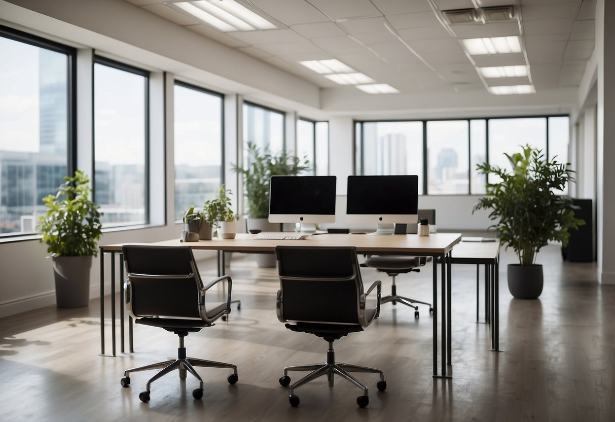 Sleek, minimalist desks and chairs fill a bright, spacious office. Clean lines, metal accents, and neutral colors create a sophisticated, professional atmosphere