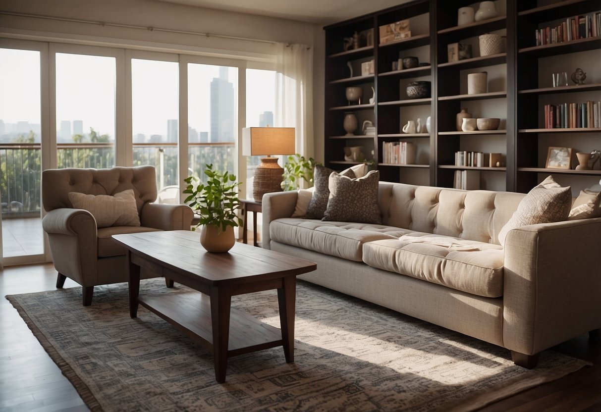 A living room with a sofa, coffee table, and bookshelf. A dining area with a table and chairs. A bedroom with a bed, nightstands, and a dresser