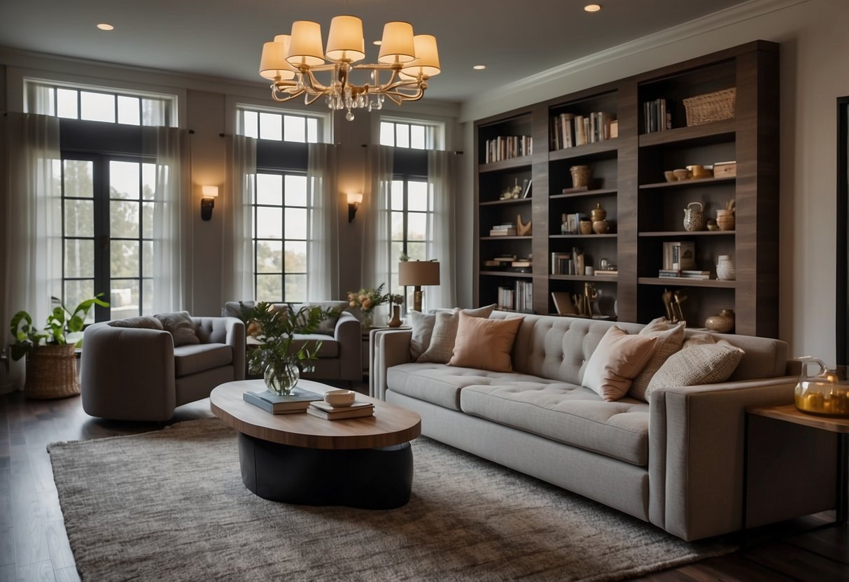 A living room with a cozy sofa, coffee table, and bookshelf. A dining area with a table, chairs, and a stylish chandelier. A bedroom with a comfortable bed, nightstands, and a dresser