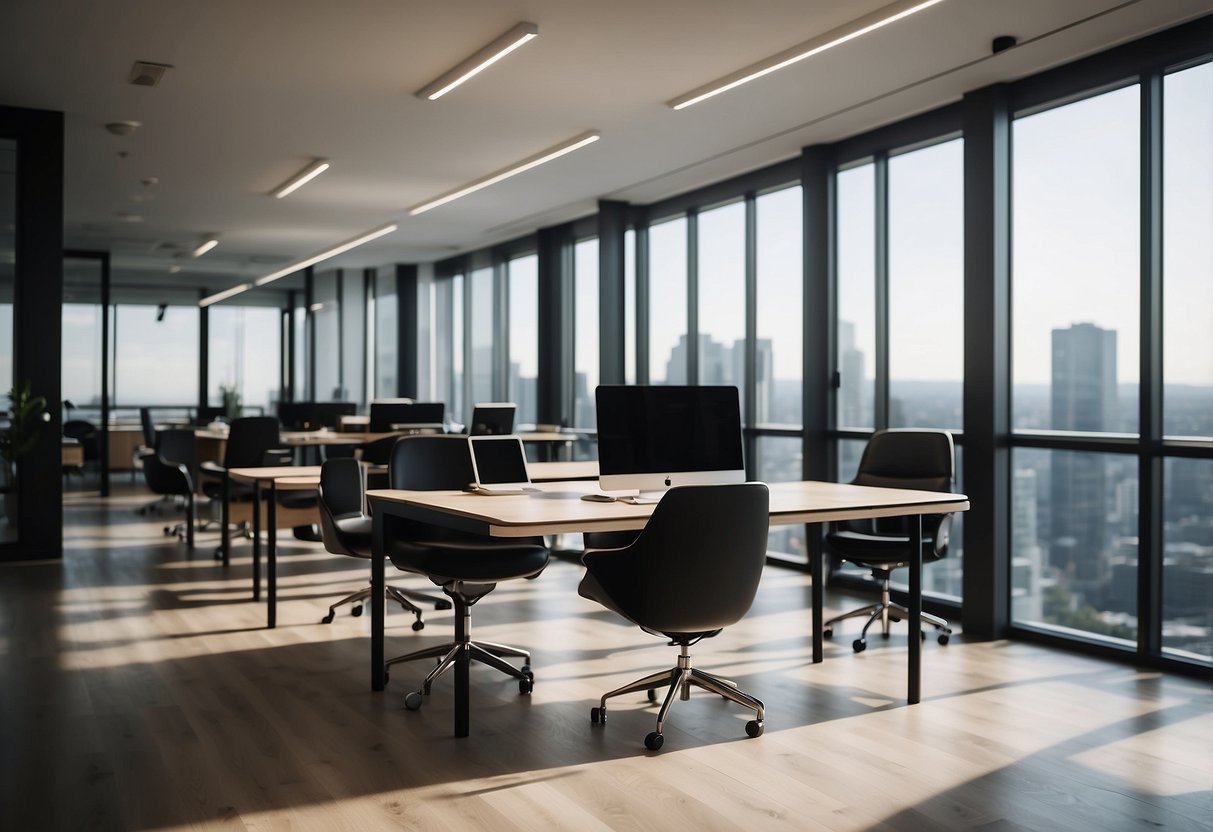 A sleek, minimalist office space with high-end, modern furnishings. Clean lines, ergonomic chairs, and adjustable standing desks showcase the latest trends in office design