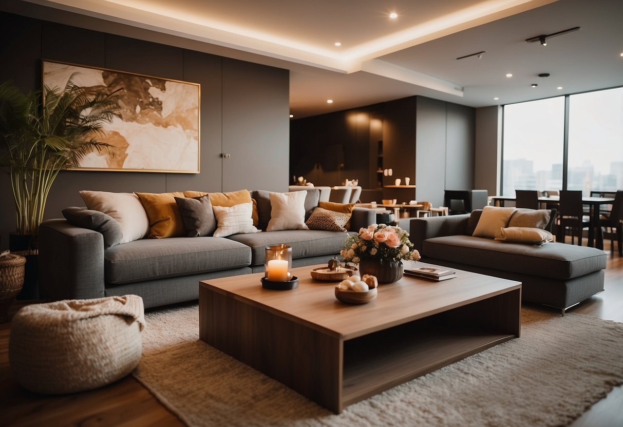 A cozy living room with modern furniture, soft lighting, and a warm color palette. A comfortable sofa, stylish coffee table, and elegant decor complete the space