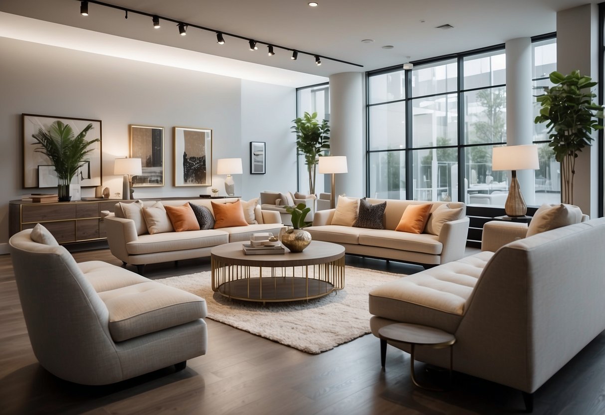 A showroom filled with modern and sleek furniture pieces, arranged in an open and inviting space. Clean lines, neutral colors, and a variety of services offered