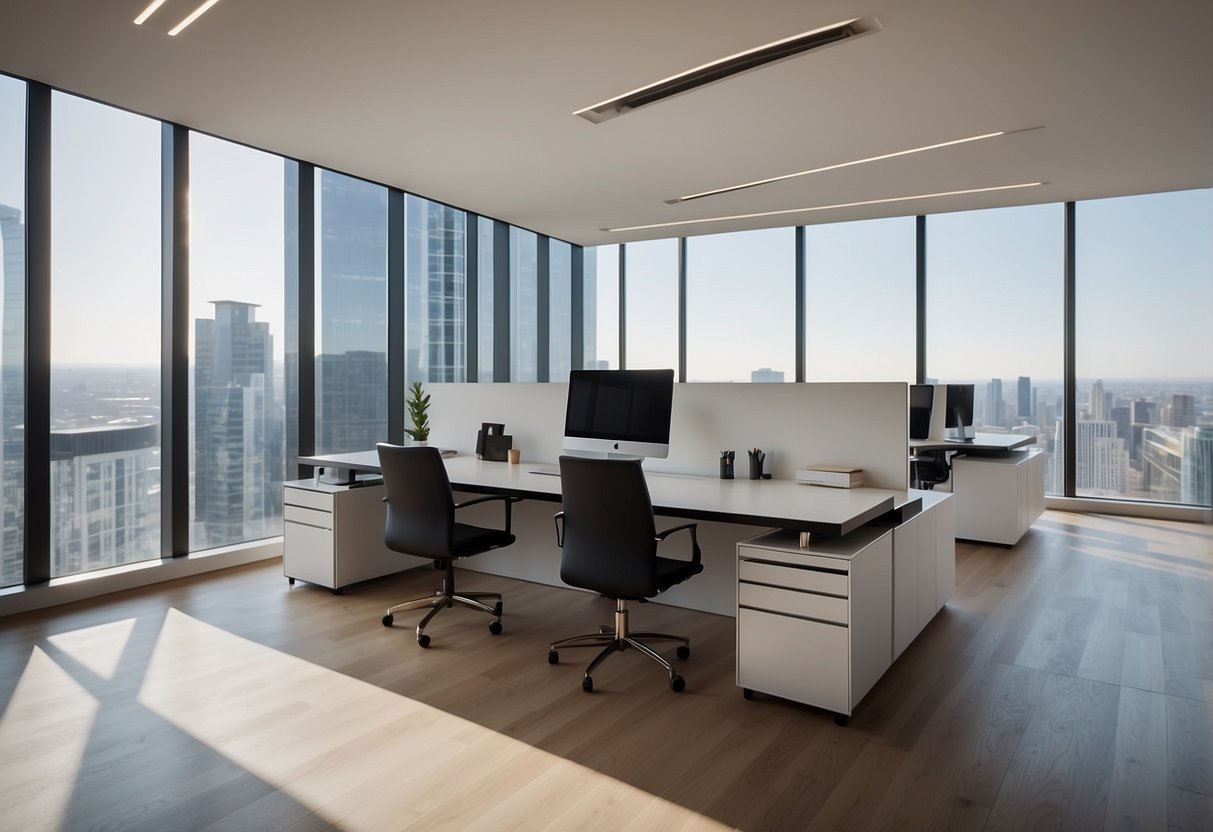 A sleek, minimalist office with high-end modern furniture arranged in a spacious layout, featuring clean lines, luxurious materials, and ergonomic design