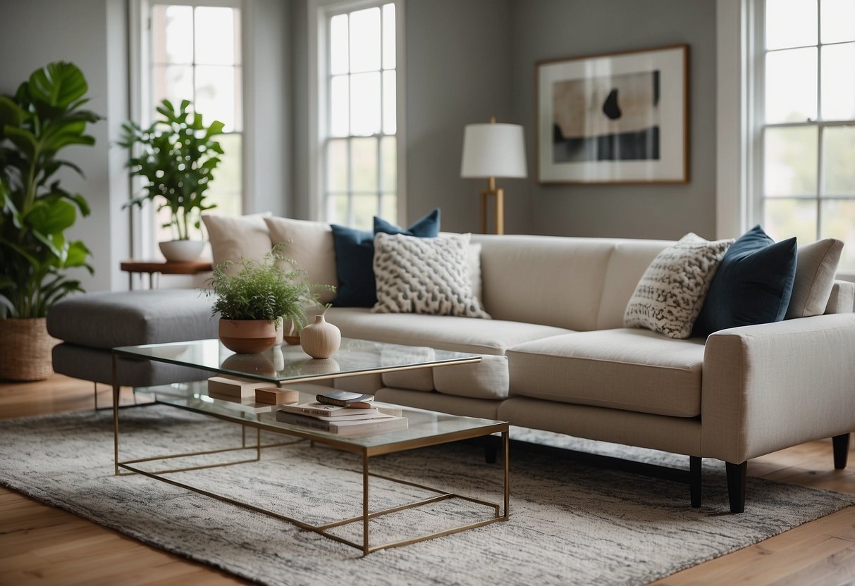A cozy living room with modern furniture, a sleek coffee table, and a comfortable sofa, accented with decorative pillows and a stylish rug