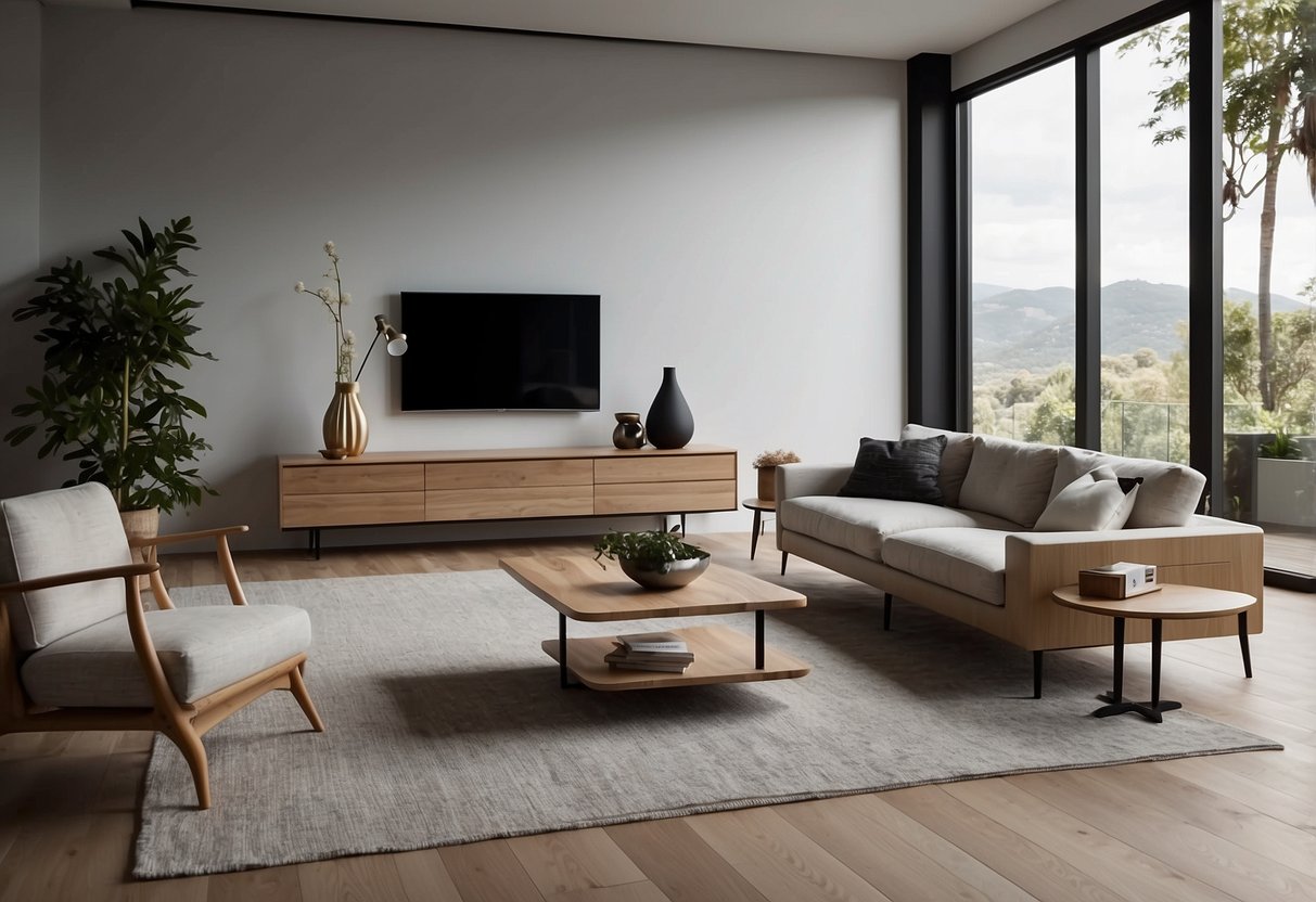 A modern living room with sleek and minimalist furniture from the Frequently Asked Questions line. Clean lines and neutral colors give a sense of simplicity and sophistication