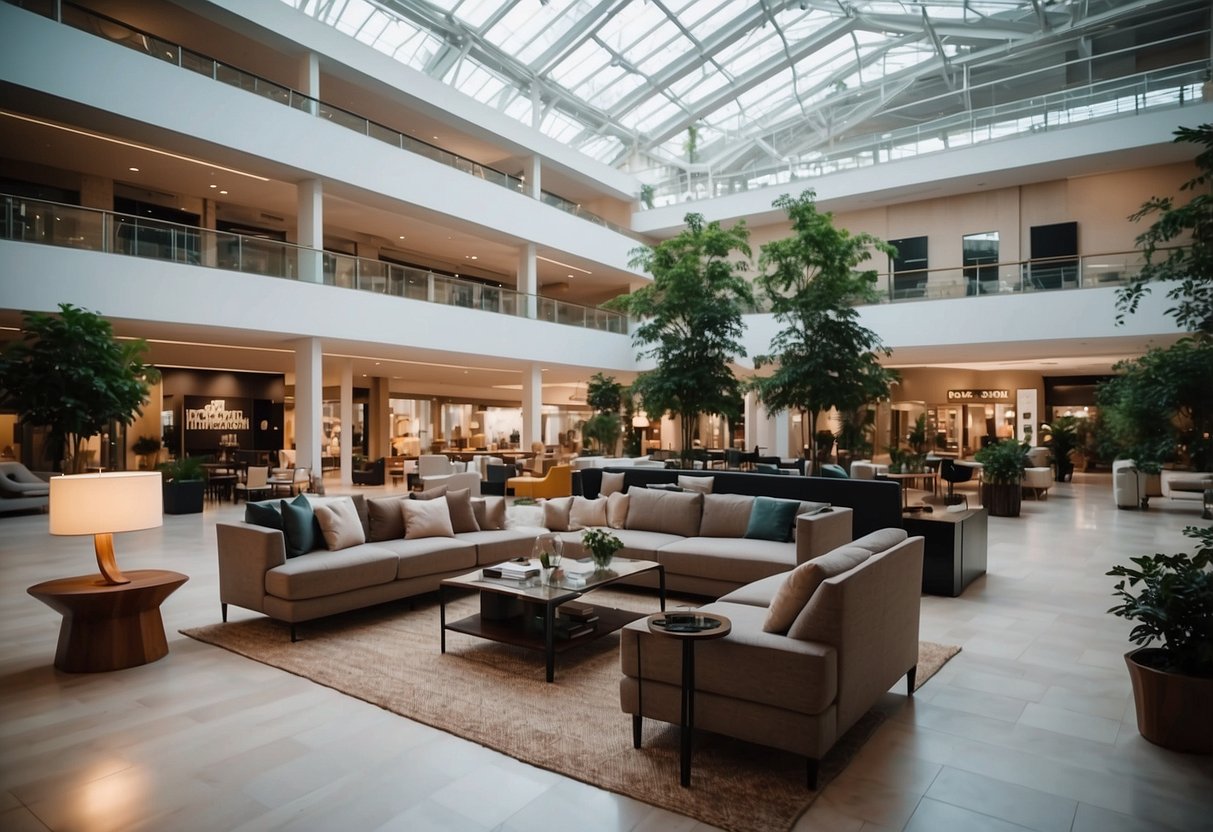 A spacious online furniture mall with various showrooms and displays showcasing modern and classic furniture pieces