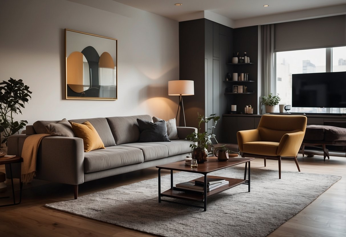 A modern living room with sleek furniture, warm lighting, and a user-friendly website displayed on a computer screen