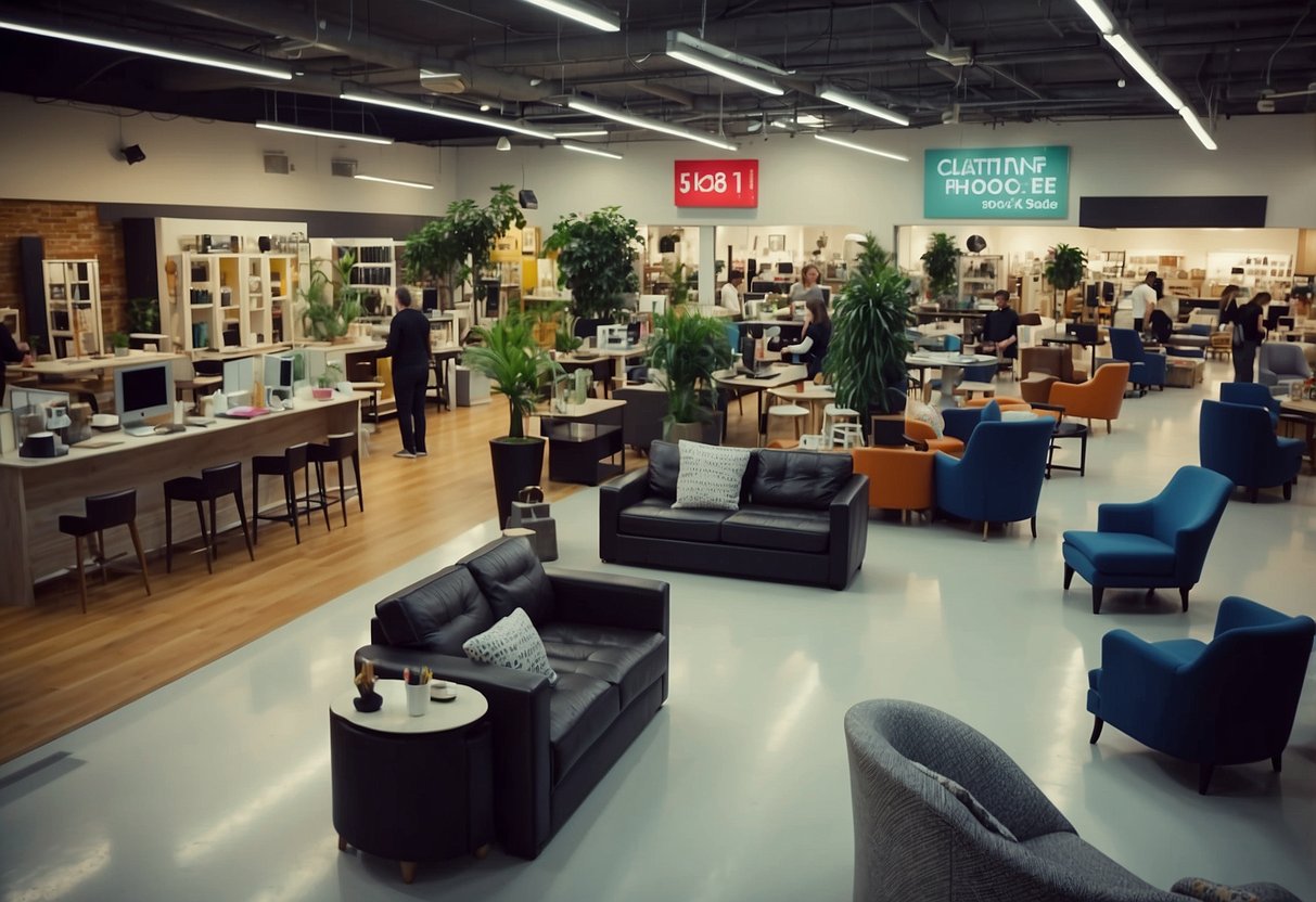 A crowded showroom with rows of discounted furniture and bright sale signs. Customers browsing and staff assisting