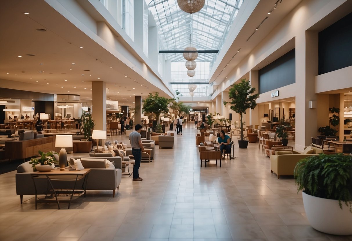 A bustling online furniture mall with customers browsing and purchasing items, while staff members assist with inquiries and manage the delivery process