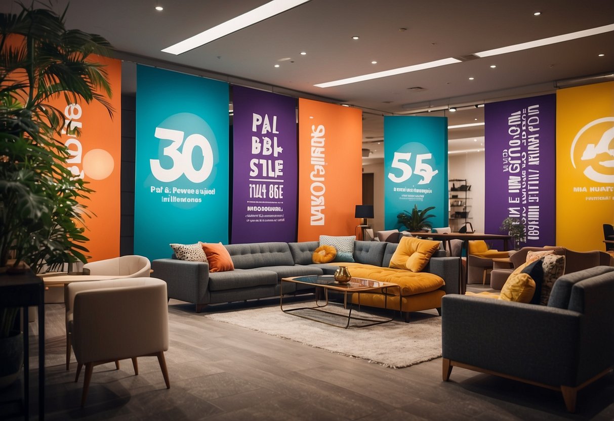 Vibrant banners and colorful signs adorn the furniture showroom, showcasing the unmissable deals and discounts of the mega sale