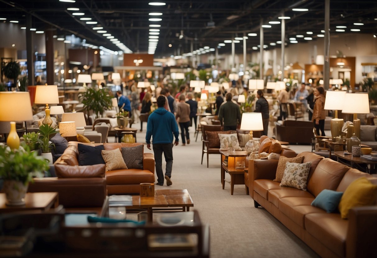 A bustling furniture store with vibrant sale signs, crowded aisles, and excited customers browsing through a wide selection of home furnishings