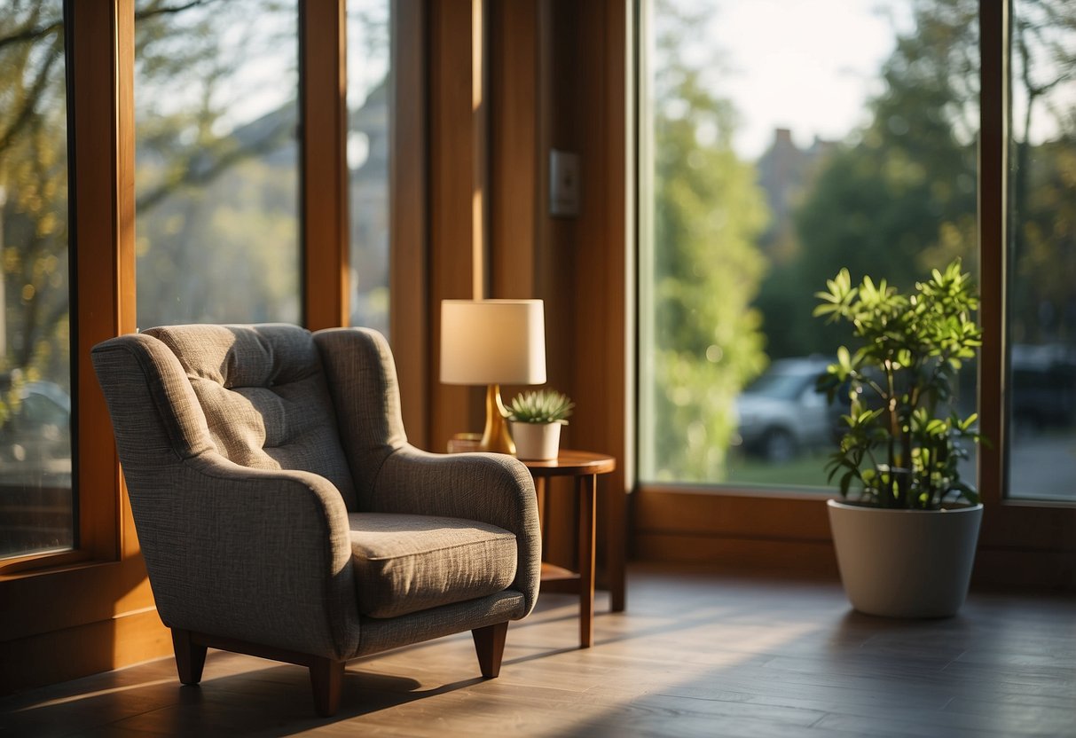 A cozy armchair and small table sit near a large window. The sunlight streams in, casting a warm glow on the furniture