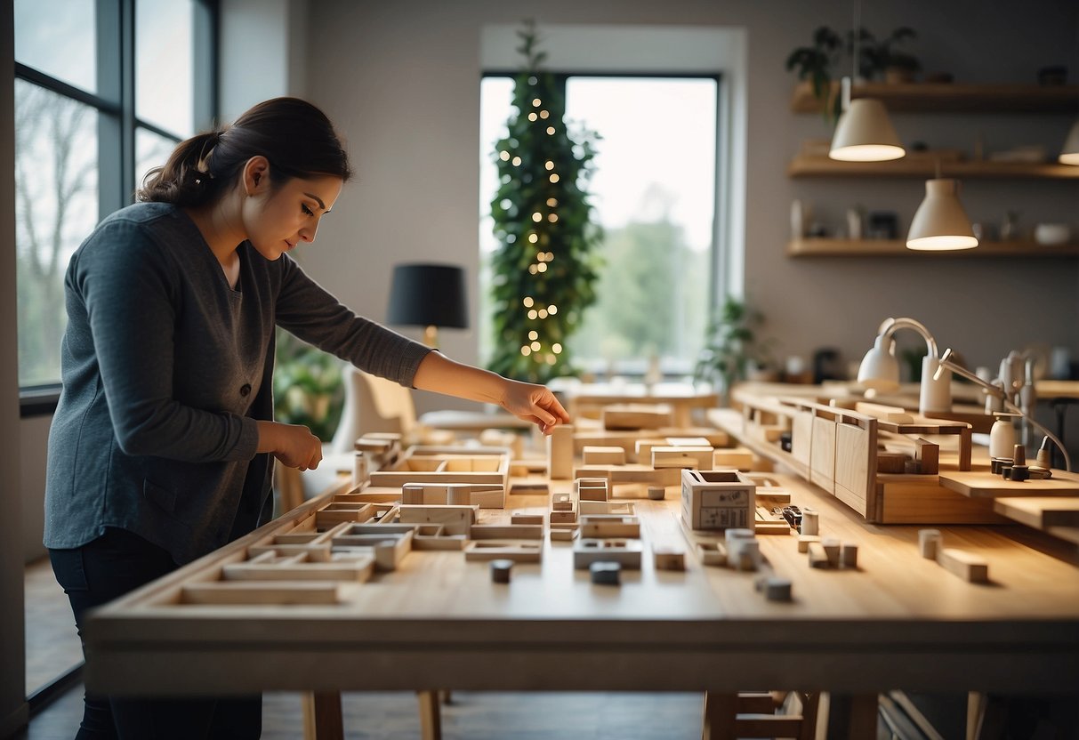 A person arranging furniture by a window, measuring and comparing different pieces, considering style and functionality