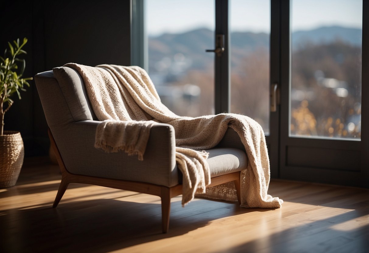 A cozy armchair and side table sit by a sunny window, with a soft throw and a warm lamp for reading