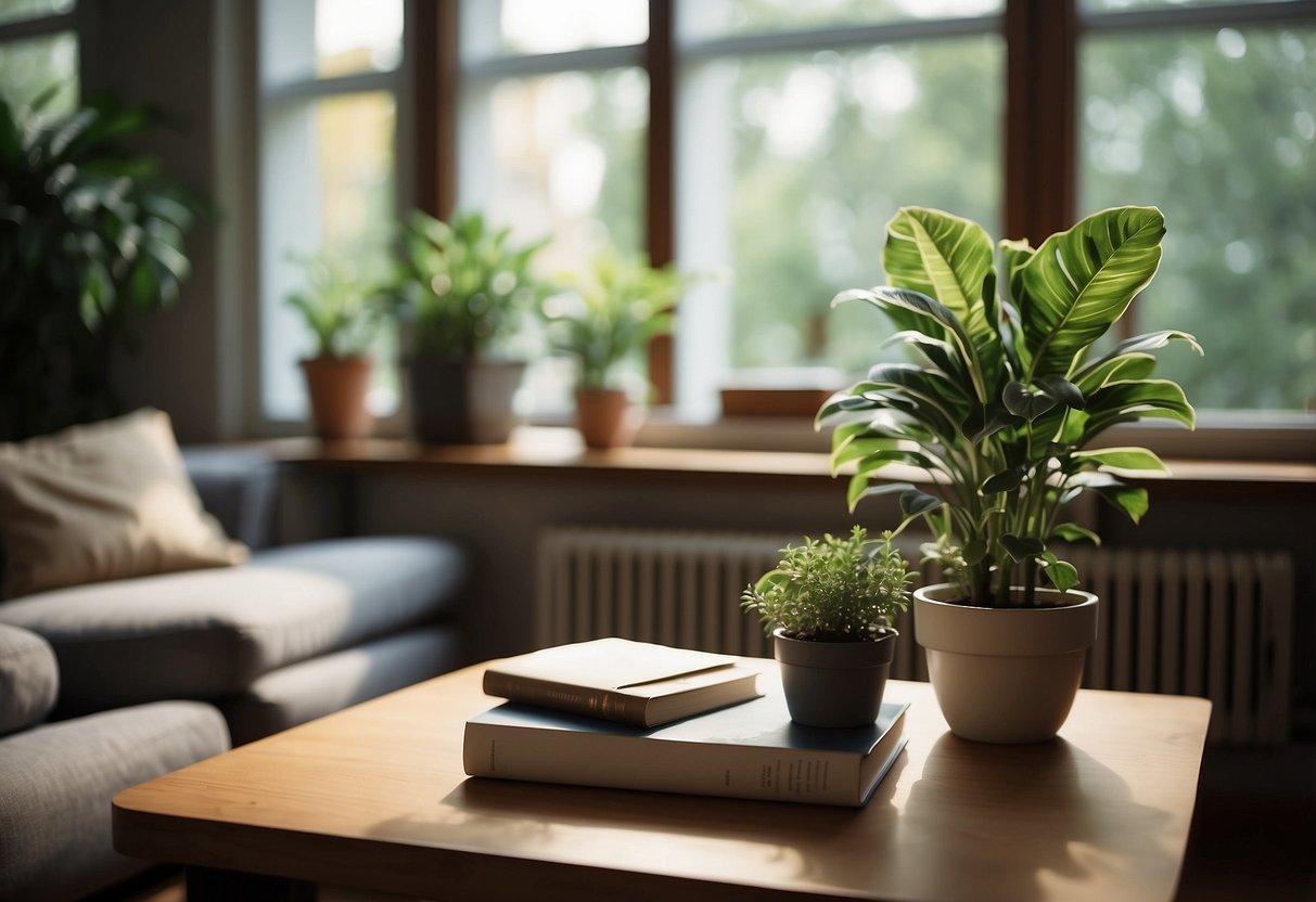 A cozy living room with a large window, featuring a comfortable sofa and a small table with a stack of books and a potted plant