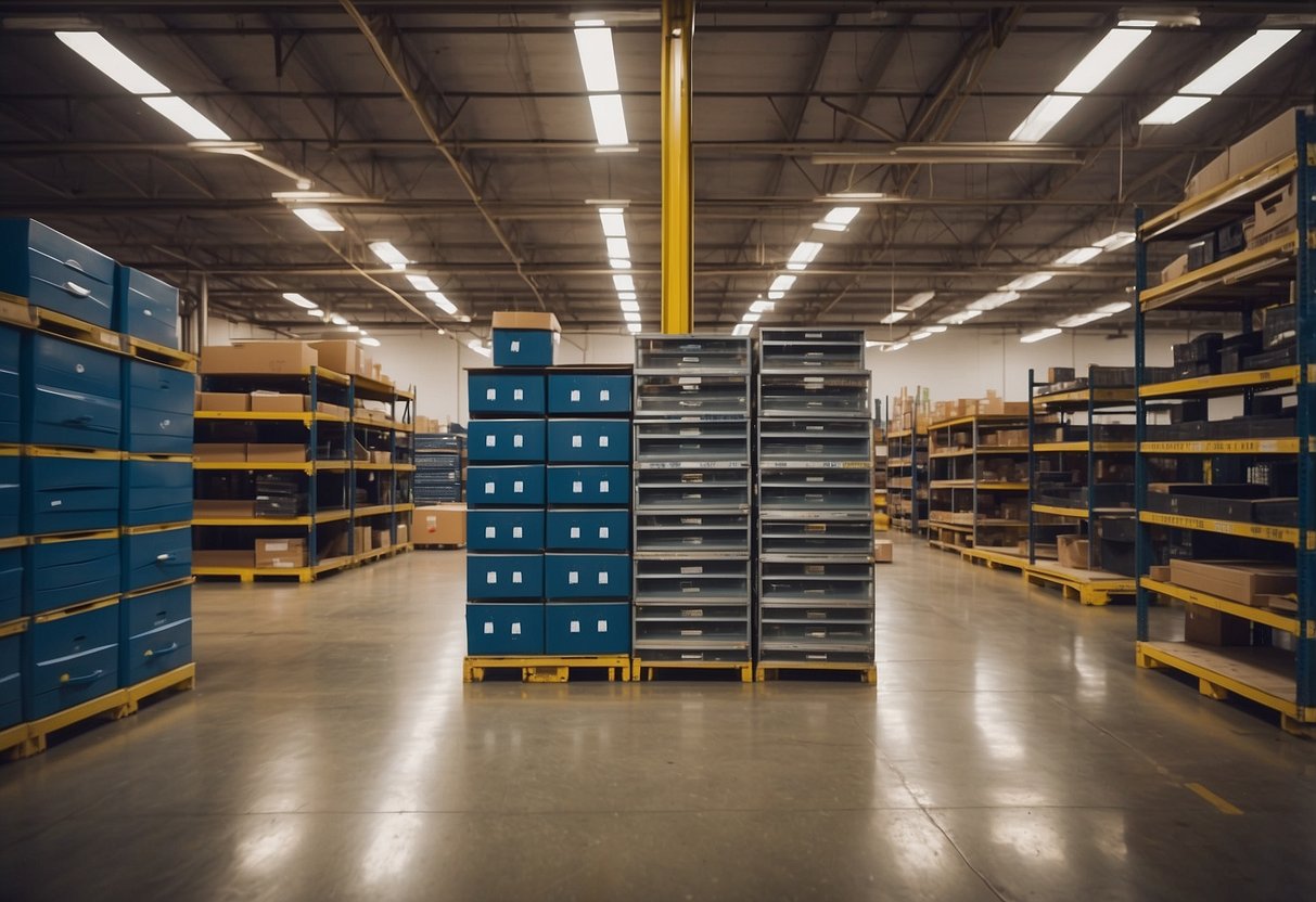 Various furniture parts stacked neatly on shelves, including knobs, legs, and hardware. Brightly lit warehouse with organized inventory