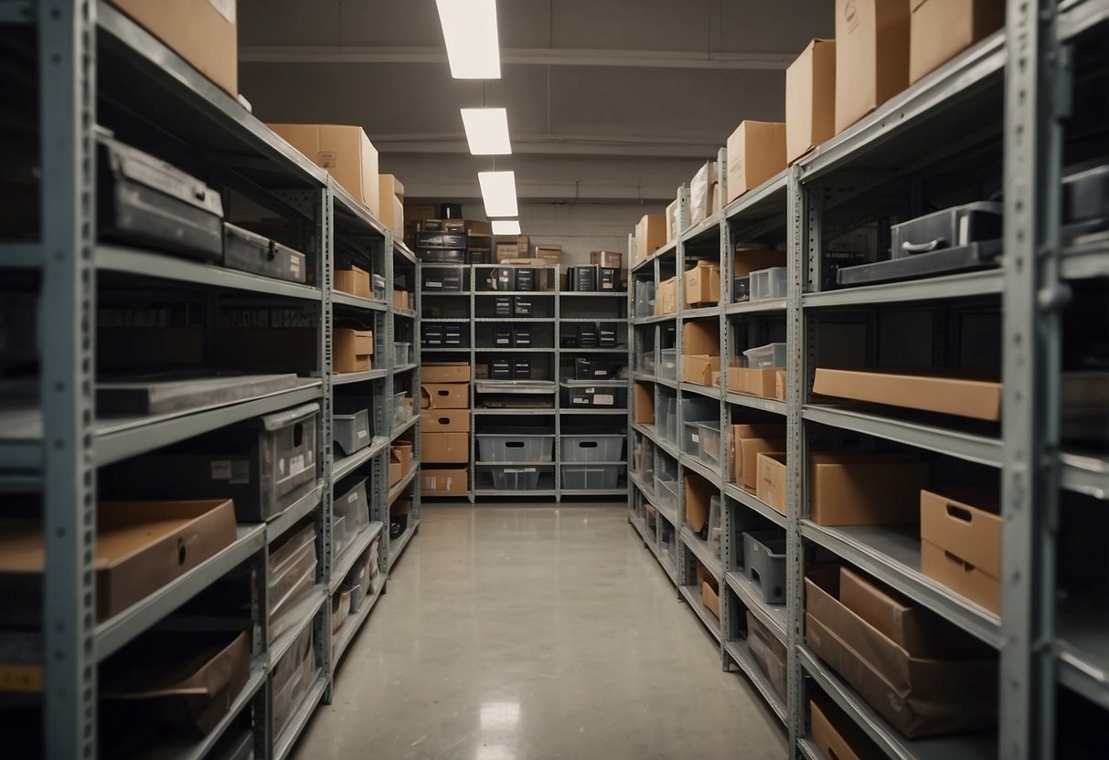 Various furniture parts are neatly organized on shelves. Screws, handles, and hinges are displayed in labeled bins. A worker checks inventory