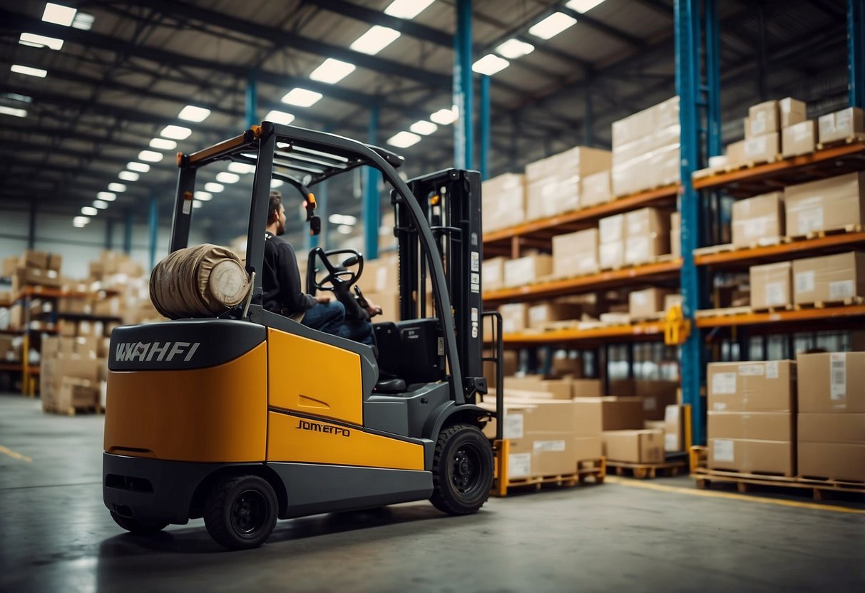 Warehouse shelves stocked with furniture parts. Forklifts moving pallets. Workers inspecting and packing items. Trucks loading and unloading. Supply chain in action