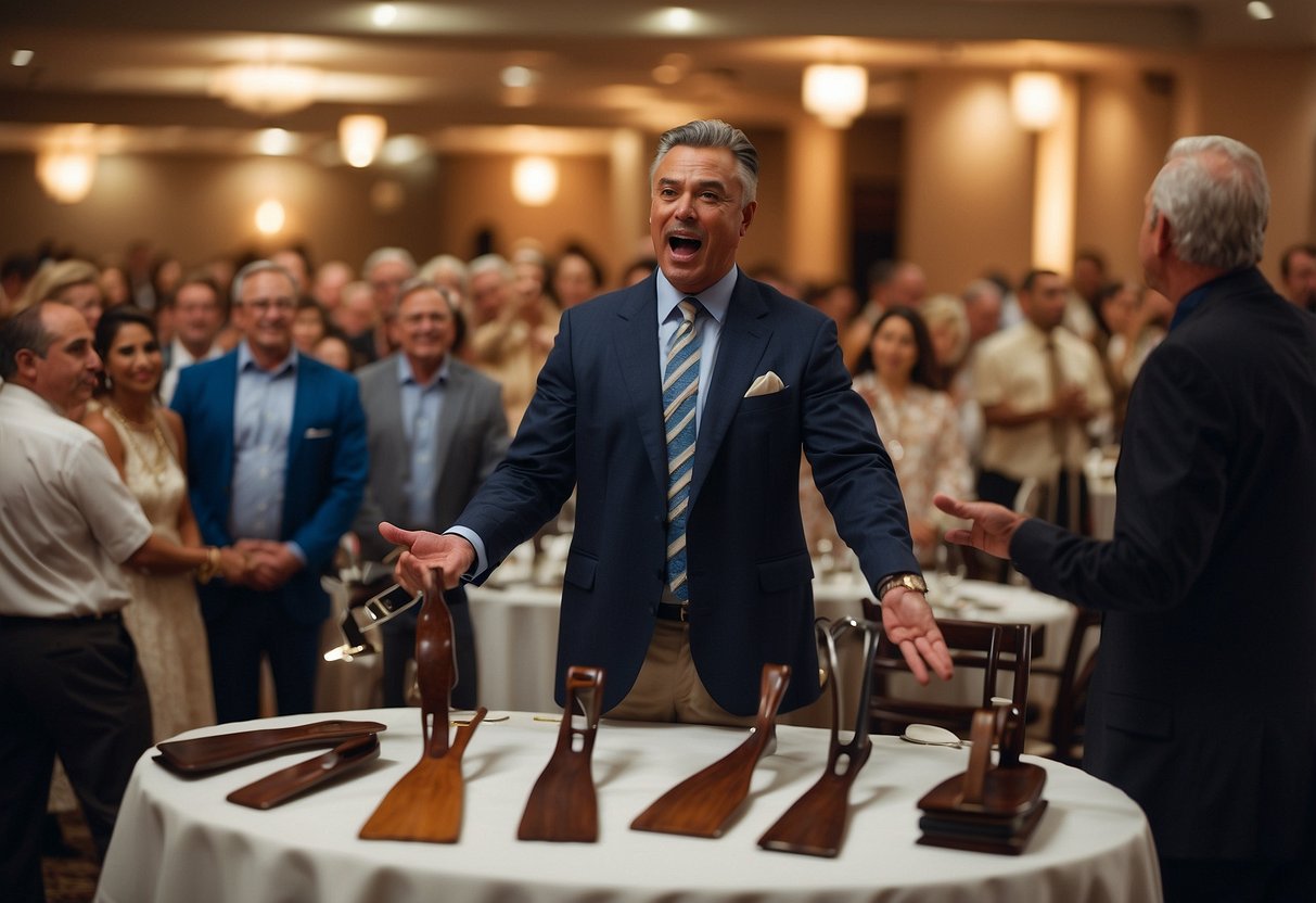 Auctioneer sells hotel furniture to bidders. Tables, chairs, and lamps on display. Bidders raise paddles to bid. Excitement in the air