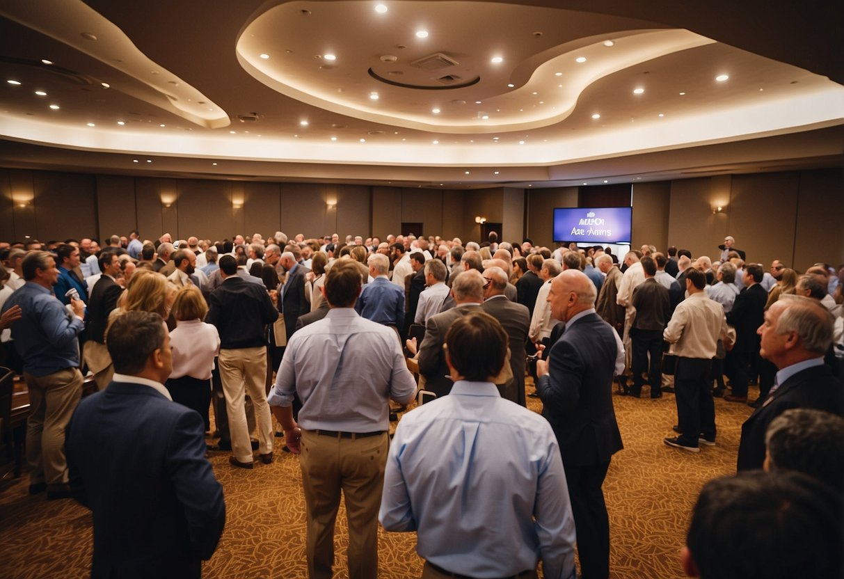 Hotel furniture auction: Bidders gather in a ballroom, inspecting and bidding on various pieces of furniture. Auctioneer calls out prices as attendees eagerly participate