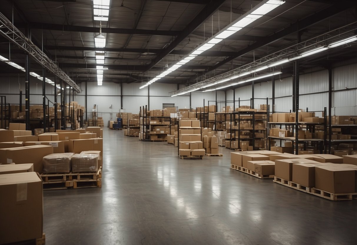 A warehouse with neatly organized shelves of furniture parts labeled "Frequently Asked Questions" supply