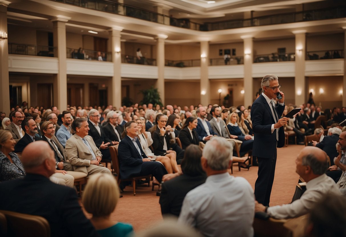 Auction room filled with elegant hotel furniture, bidders eagerly raising paddles, auctioneer calling out prices, and a sense of excitement in the air