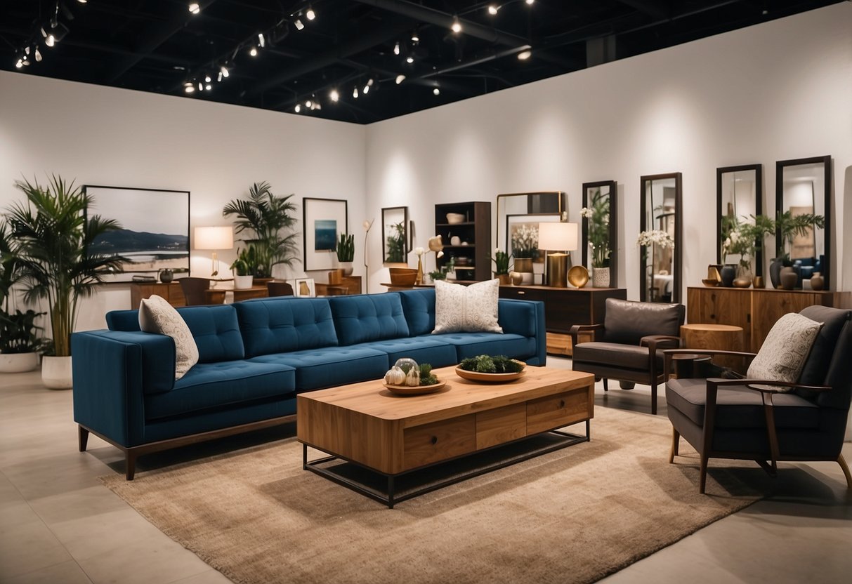 A spacious showroom displays a variety of home outlet furniture styles, from modern to traditional, arranged in stylish room settings