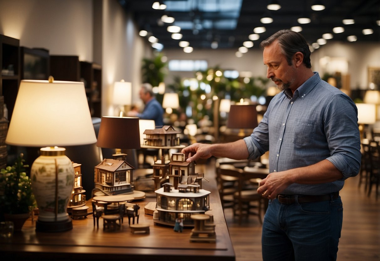 A customer browses through furniture displays at a home outlet, examining various pieces and envisioning them in their own space. Staff members are seen assisting other customers and arranging furniture displays