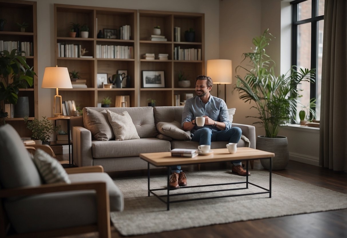A cozy living room with a modern sofa, coffee table, and bookshelf. A customer service representative assists a couple with their inquiries