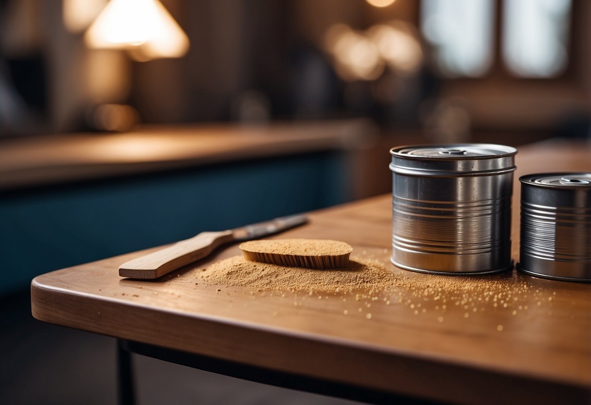 A table covered in sandpaper, wood stain, and varnish cans. A paintbrush and a sanding block lay nearby